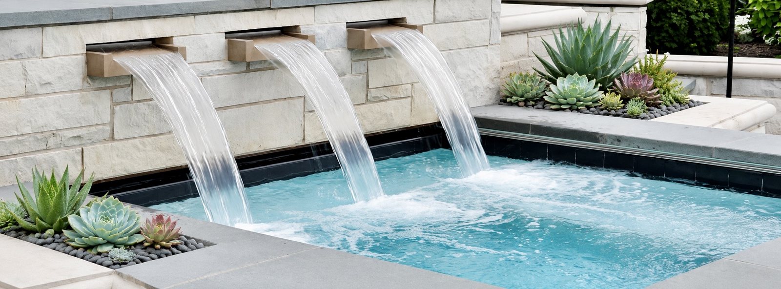 Three stone-wall scuppers pouring into a spa with succulent planters